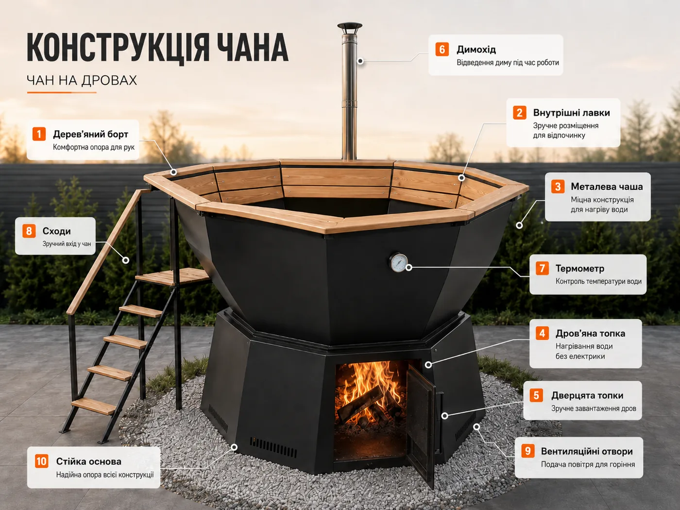 Схема конструкції банного чану в розрізі з позначеннями вузлів
